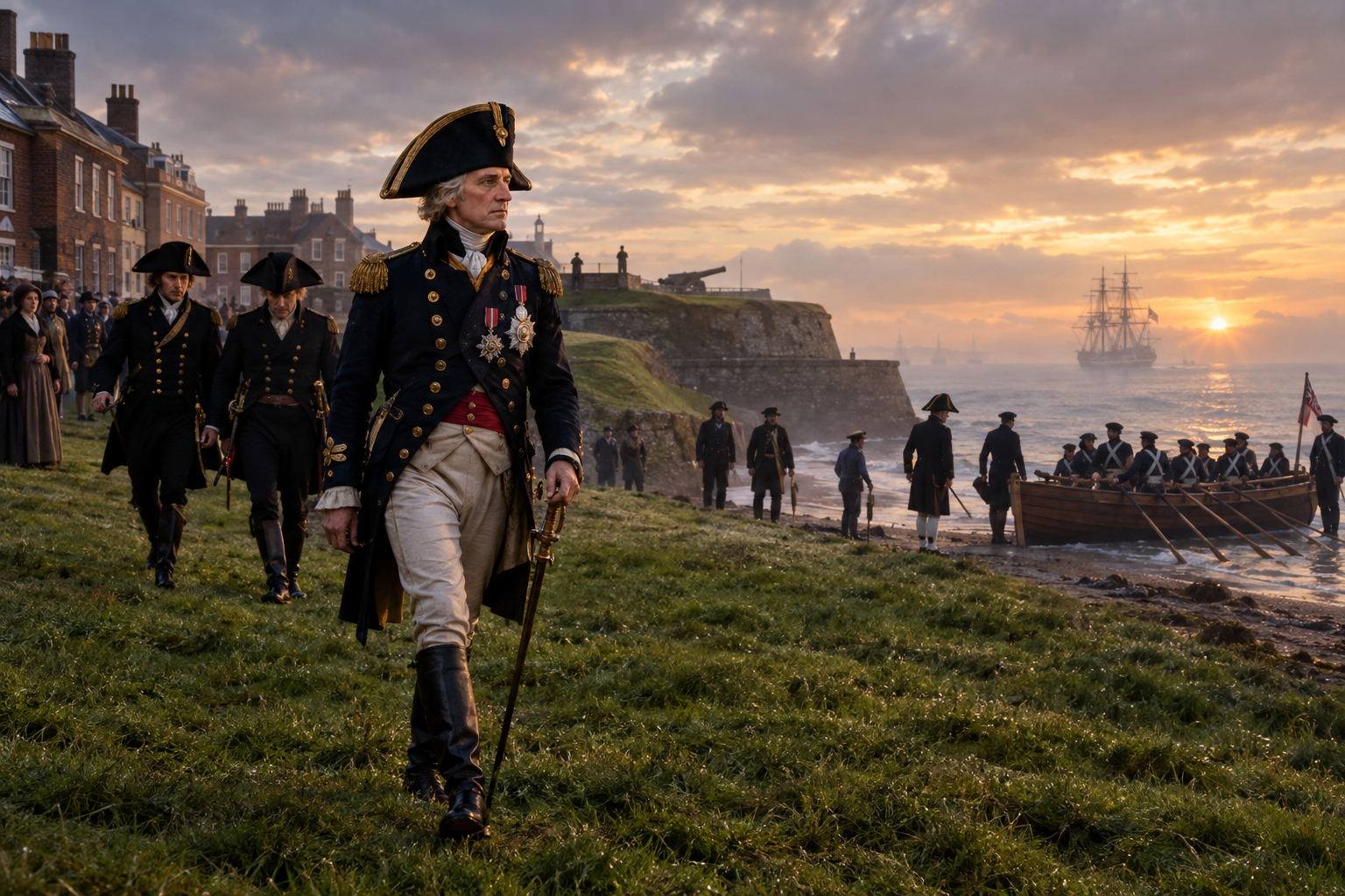 Horatio Nelson walking to a rowboat at sunset to board HMS Victory for Trafalgar, Portsmouth